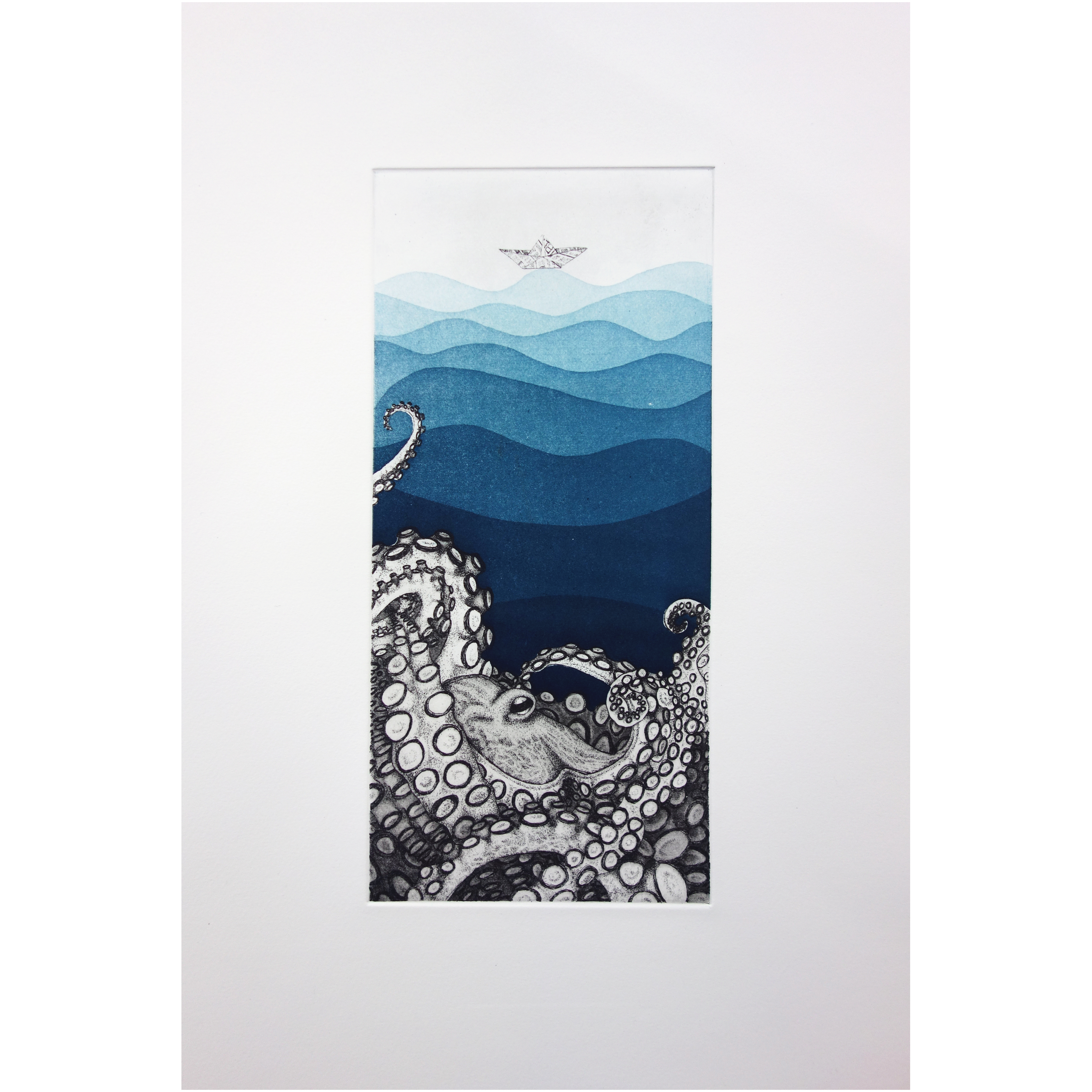 Print Etching Octopus Wave Boat Ocean Art