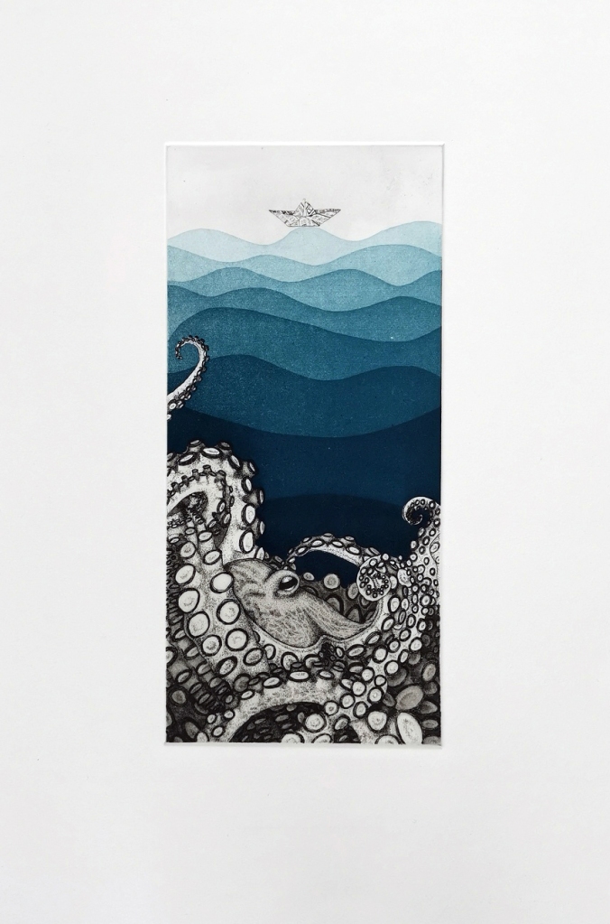Print Etching Octopus Boat Ocean Wave Art